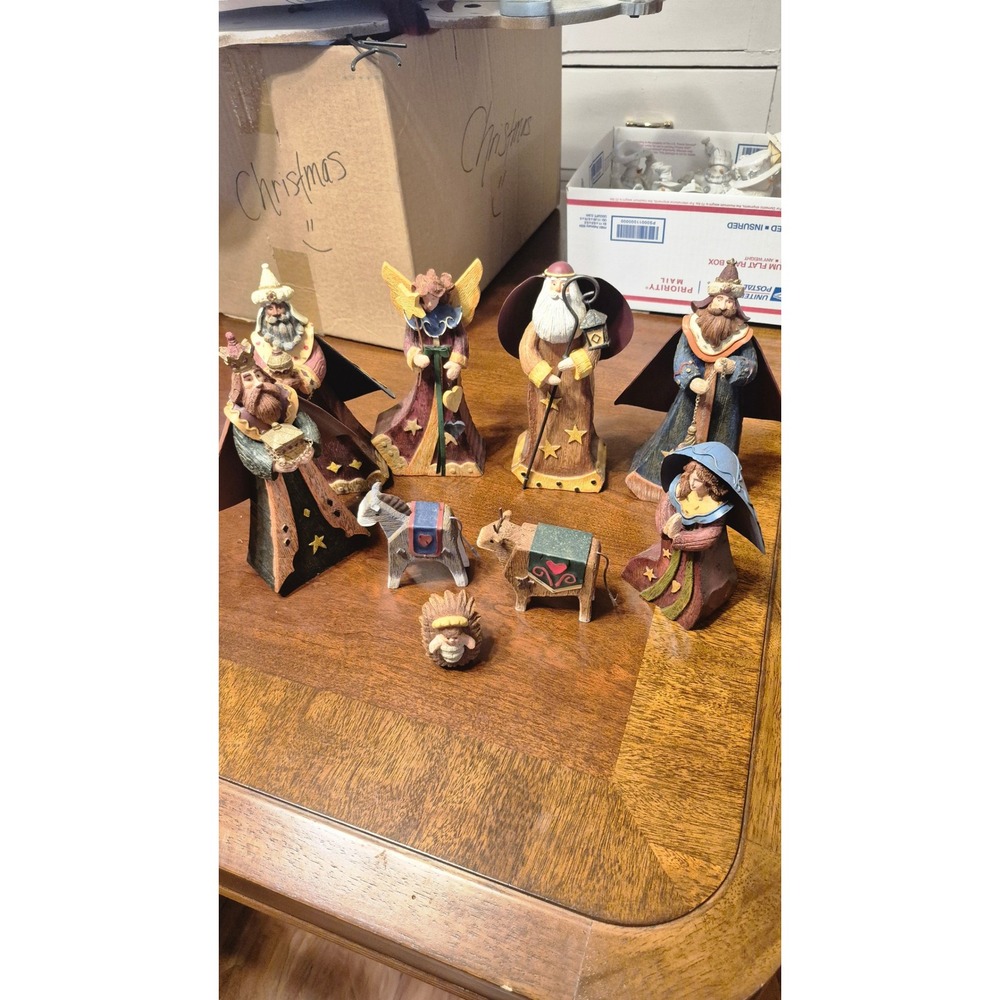 Rustic Nativity Set 9 Piece Folk Art Christmas Nativity Scene Farmhouse Holiday - Picture 2 of 16